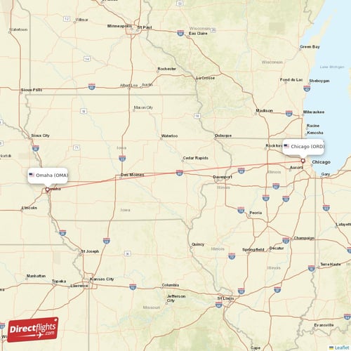 Chicago - Omaha direct flight map