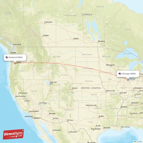 Chicago - Portland direct flight map