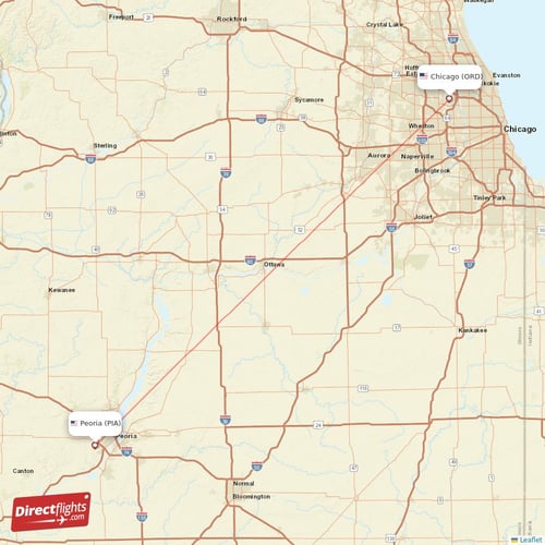 Chicago - Peoria direct flight map