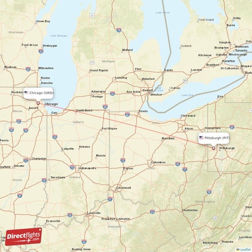 Chicago - Pittsburgh direct flight map