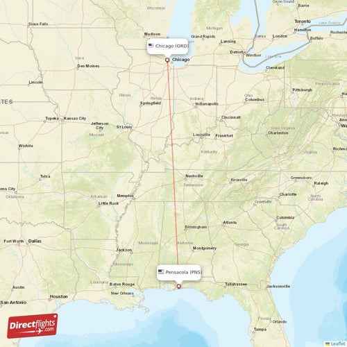 Chicago - Pensacola direct flight map
