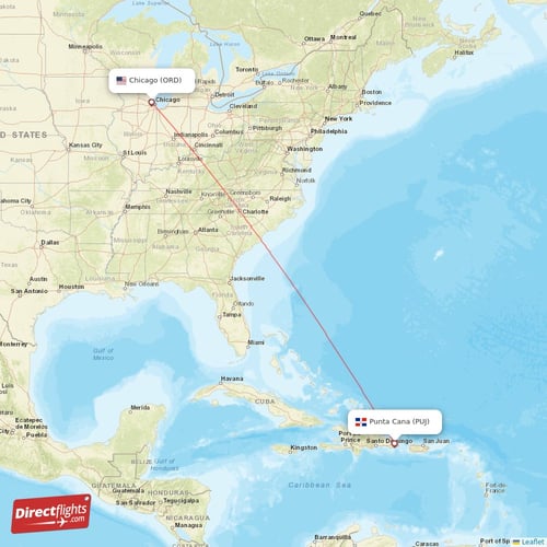 Chicago - Punta Cana direct flight map