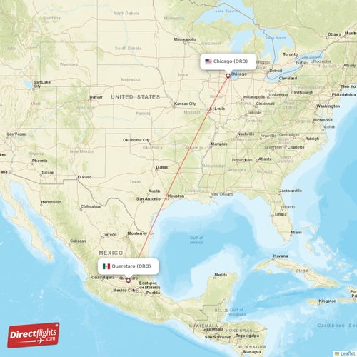 Chicago - Queretaro direct flight map