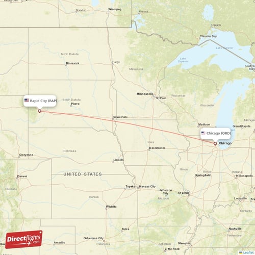 Chicago - Rapid City direct flight map