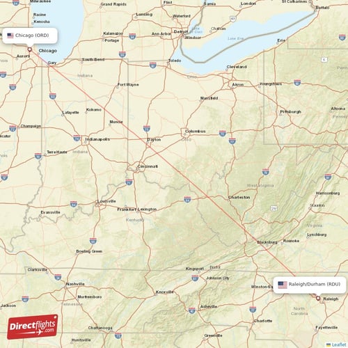 Chicago - Raleigh/Durham direct flight map