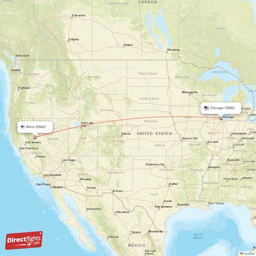 Chicago - Reno direct flight map