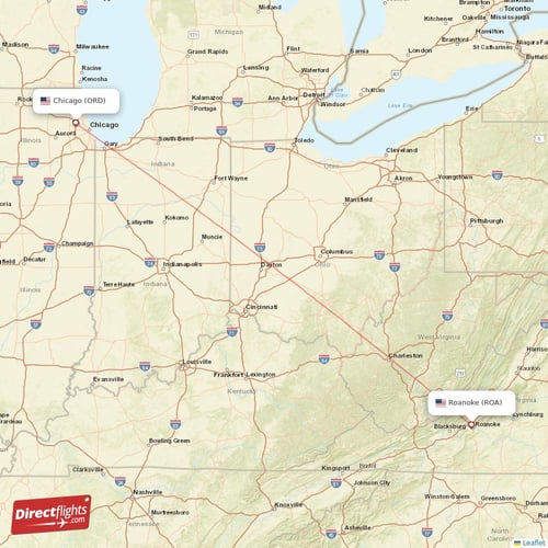 Chicago - Roanoke direct flight map