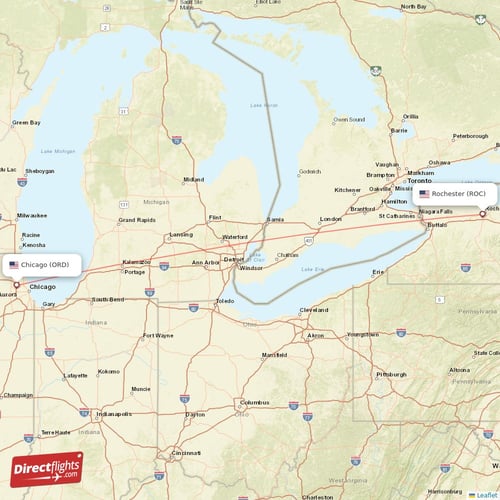 Chicago - Rochester direct flight map