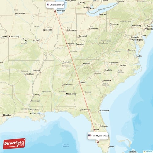 Chicago - Fort Myers direct flight map