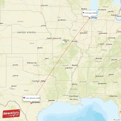Chicago - San Antonio direct flight map