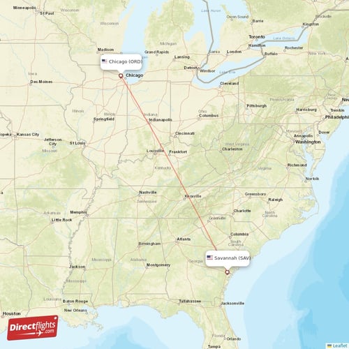 Chicago - Savannah direct flight map