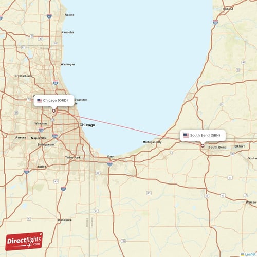 Chicago - South Bend direct flight map