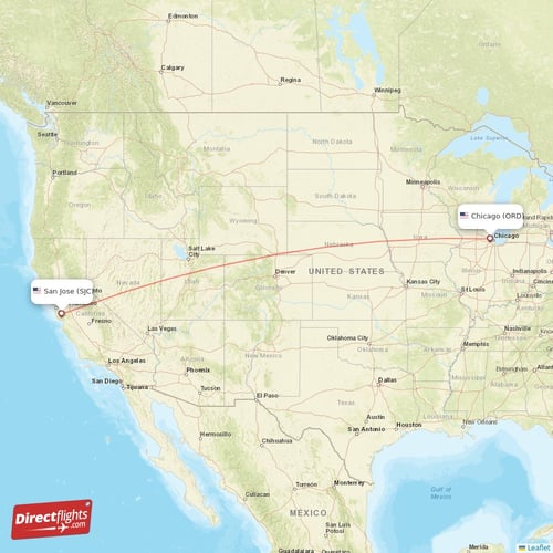 Chicago - San Jose direct flight map