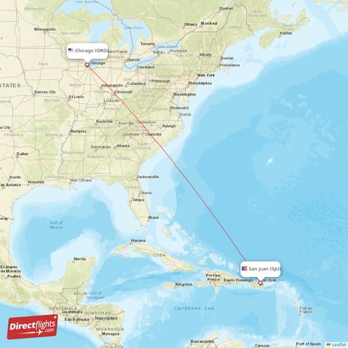 Chicago - San Juan direct flight map