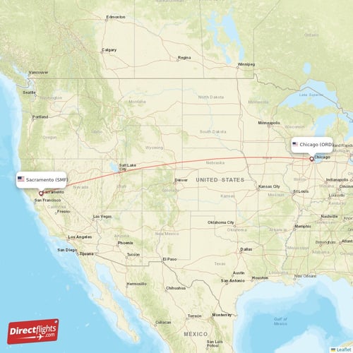 Chicago - Sacramento direct flight map