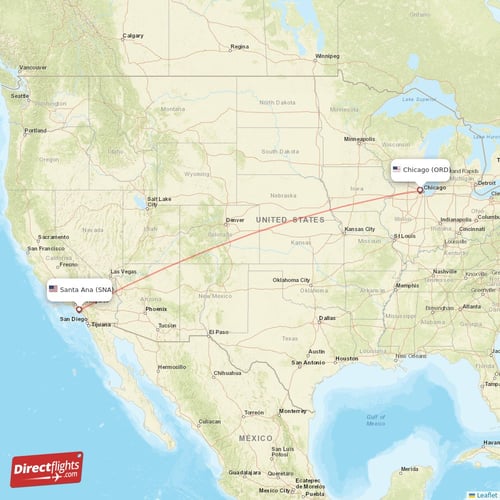 Chicago - Santa Ana direct flight map