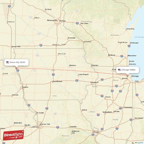 Chicago - Sioux City direct flight map