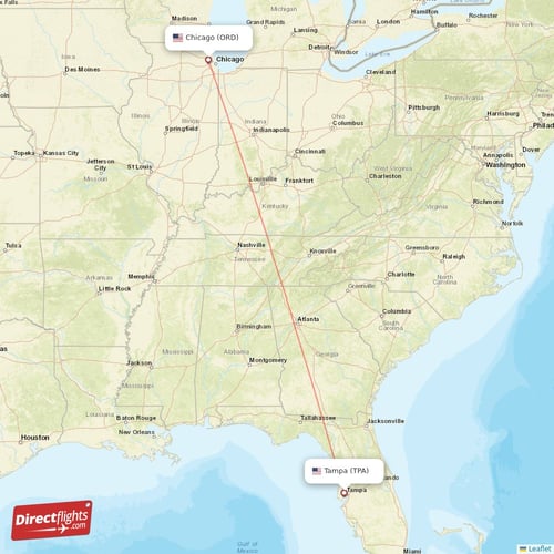 Chicago - Tampa direct flight map