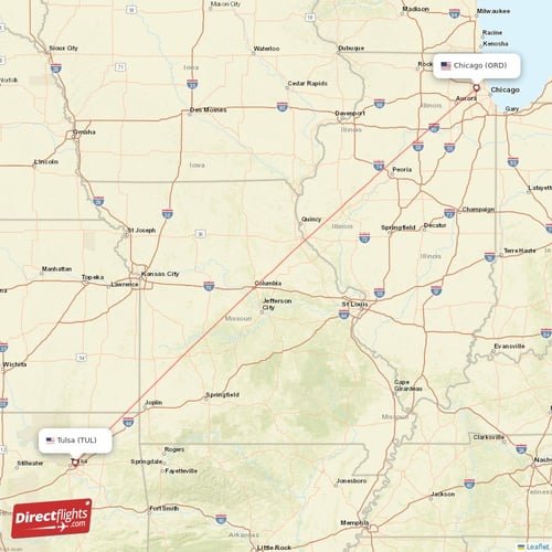 Chicago - Tulsa direct flight map