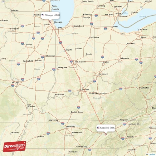 Chicago - Knoxville direct flight map
