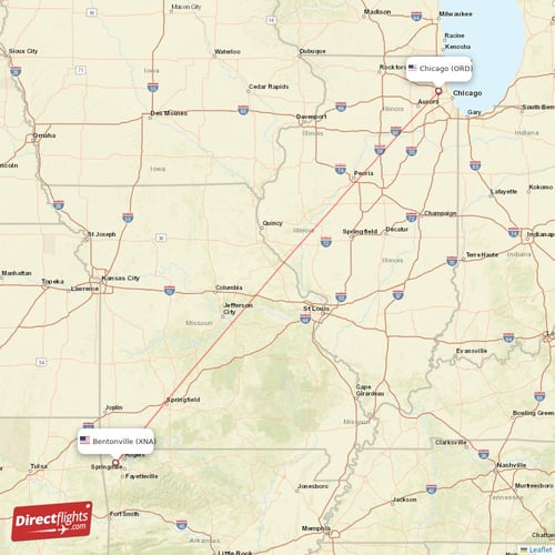 Chicago - Bentonville direct flight map