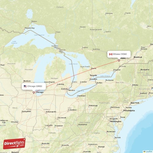 Chicago - Ottawa direct flight map
