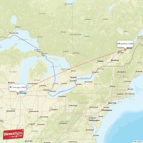 Chicago - Quebec direct flight map
