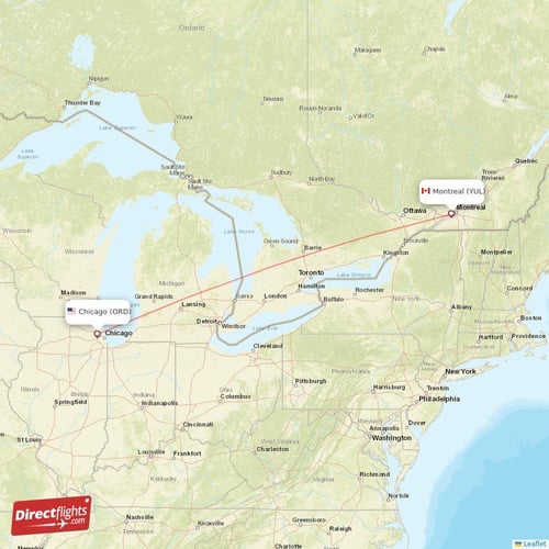 Chicago - Montreal direct flight map