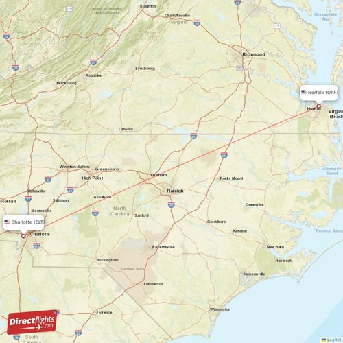 Norfolk - Charlotte direct flight map
