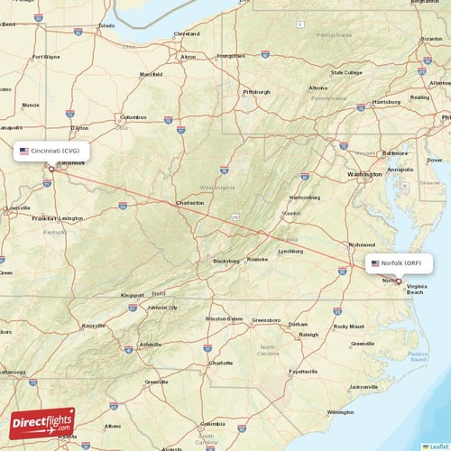 Norfolk - Cincinnati direct flight map