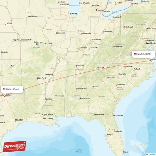 Norfolk - Dallas direct flight map