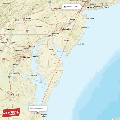 Norfolk - New York direct flight map