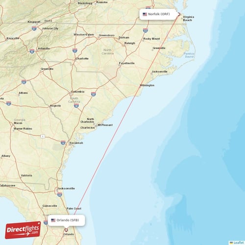 Norfolk - Orlando direct flight map