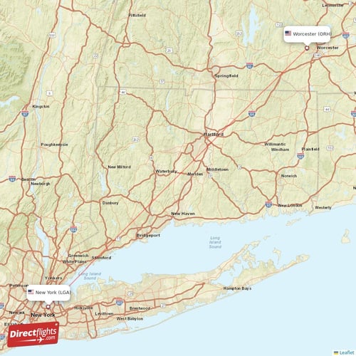 Worcester - New York direct flight map