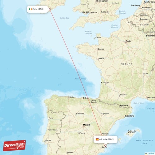 Cork - Alicante direct flight map