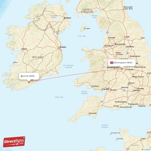 Cork - Birmingham direct flight map