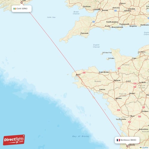 Cork - Bordeaux direct flight map
