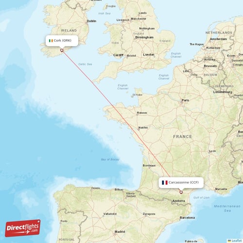 Cork - Carcassonne direct flight map