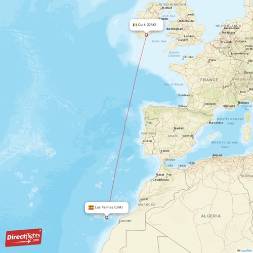 Cork - Las Palmas direct flight map