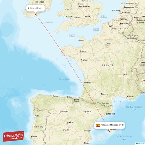 Cork - Palma de Mallorca direct flight map