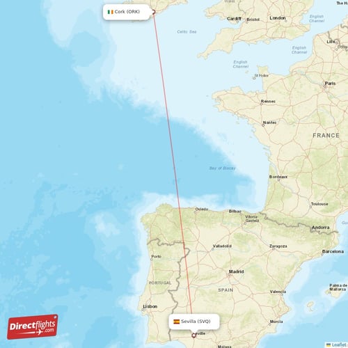Cork - Sevilla direct flight map