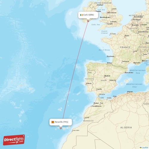 Cork - Tenerife direct flight map