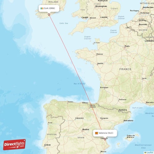 Cork - Valencia direct flight map