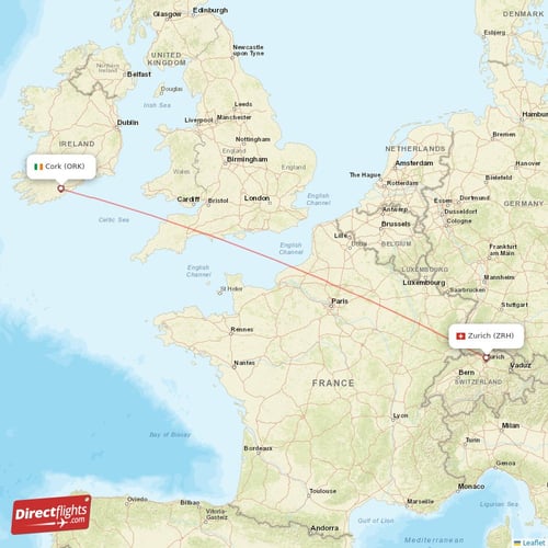 Cork - Zurich direct flight map