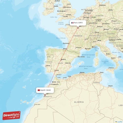 Paris - Agadir direct flight map