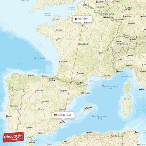 Paris - Alicante direct flight map