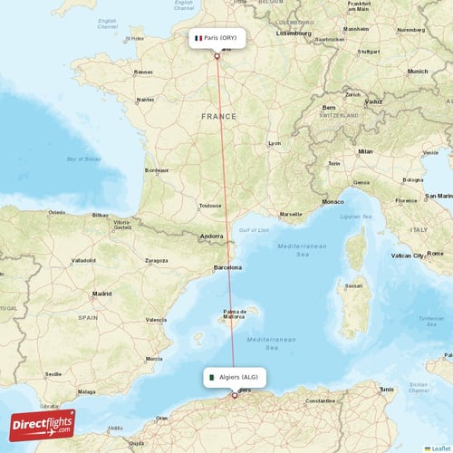 Paris - Algiers direct flight map