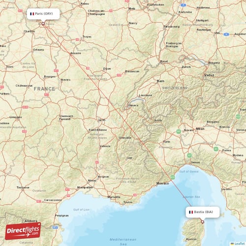 Paris - Bastia direct flight map