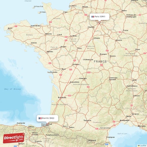Paris - Biarritz direct flight map