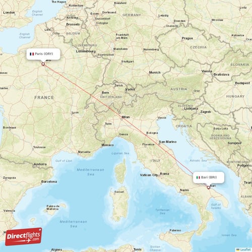 Paris - Bari direct flight map